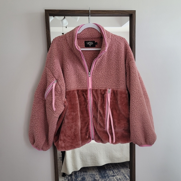 UGG RTW Marlene Polar Fleece Pink Sherpa Jacket Large Cozy Fuzzy Dusty Rose - Picture 1 of 8
